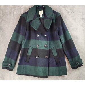 St John's Bay Jacket Womens Large Green Navy Black Striped Wool Blend Peacoat